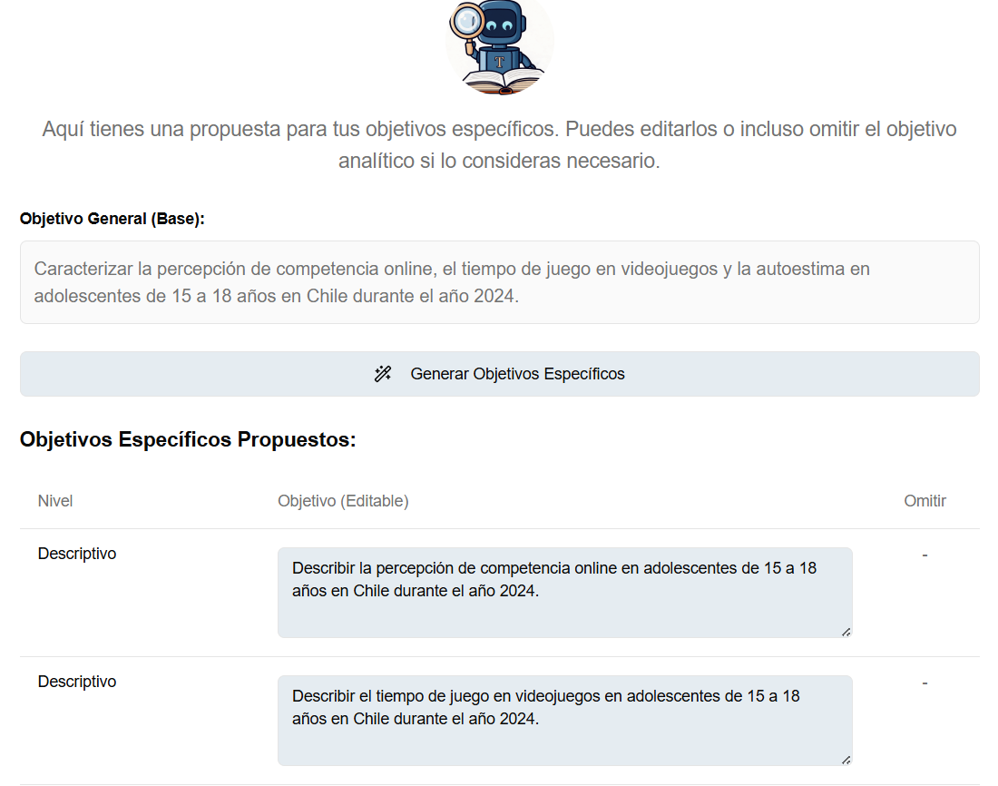 Tutoeris generando los objetivos específicos de una tesis